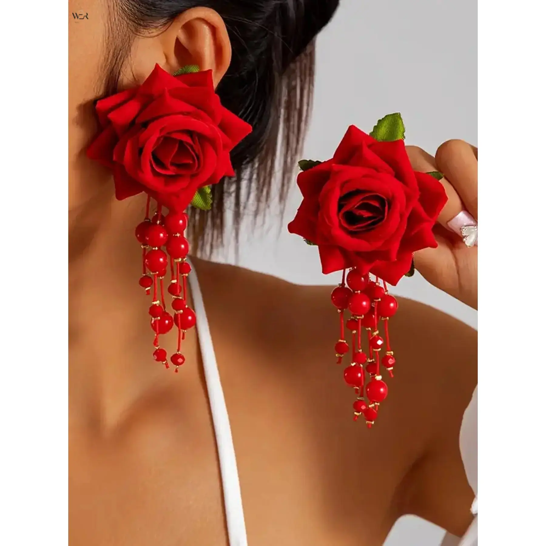 Red Rose Drop Earrings with Long Bead Tassels, Bold Floral Statement Alloy Jewelry for Women, Lightweight for Wedding & Special Events, Alloy Chain