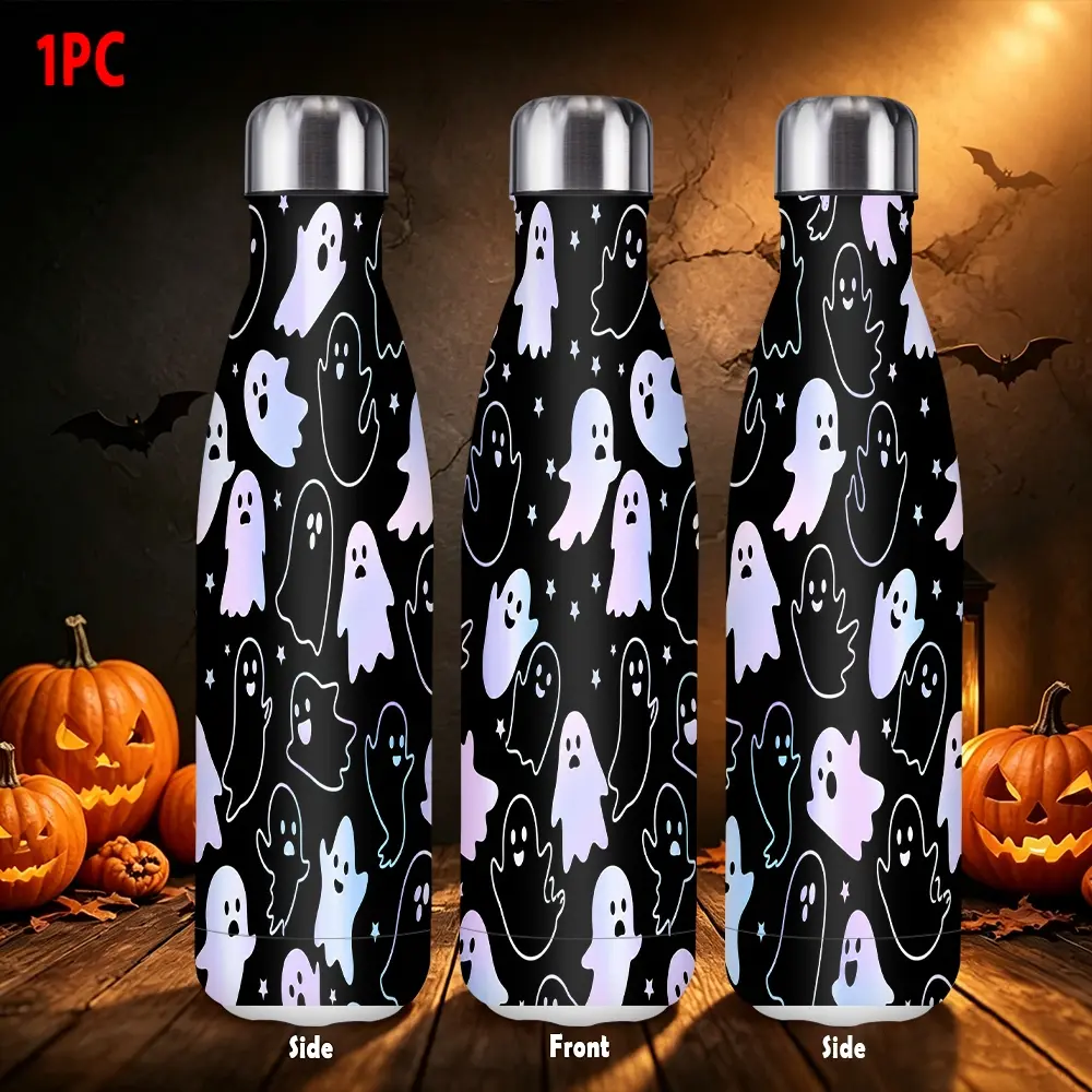 1pc/17oz/500ml/Double Wall Vacuum Stainless Steel Insulated Water Bottle, Travel Mug, Drinkware Flasks For Sports Indoors & Outdoors, Halloween Themed Gradient Ghosts And Star Accents, Festive Gift Idea, Suitable For Picnics, Outdoor Activities