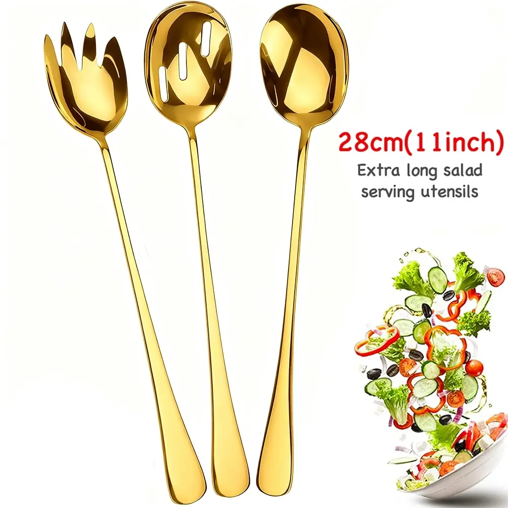 3-Piece Set 410 Stainless Steel Long Handle Salad Fork Spoon Set, Commercial Self-Service Serving Spoons, Public Dining Utensils