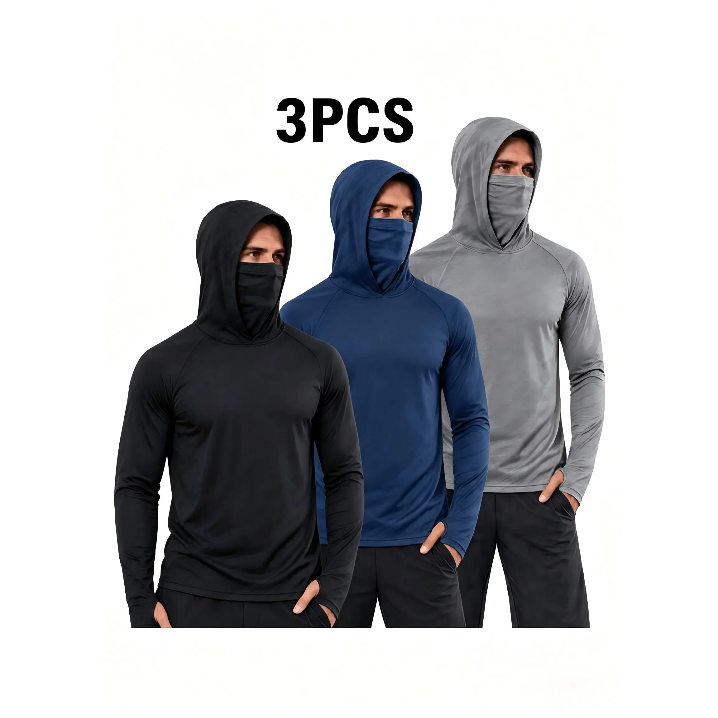 3-pc Men'S Hoodies, High with Face Mask, Super Stretchy, Quick-Dry, Moisture-Wicking, Perfect for Gym, Hiking, Camping, And Outdoor Activities, Suitable for Both Sunny And Rainy Days