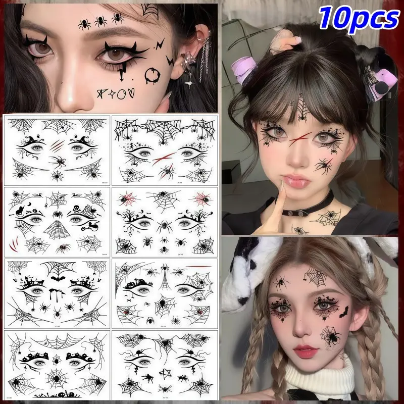 10 Halloween Spider Tattoos, Horror Funny Makeup Party Spider Web Eye Stickers, Halloween Atmosphere Decor Stickers, Suitable for Halloween Costume, Makeup Party, Bar