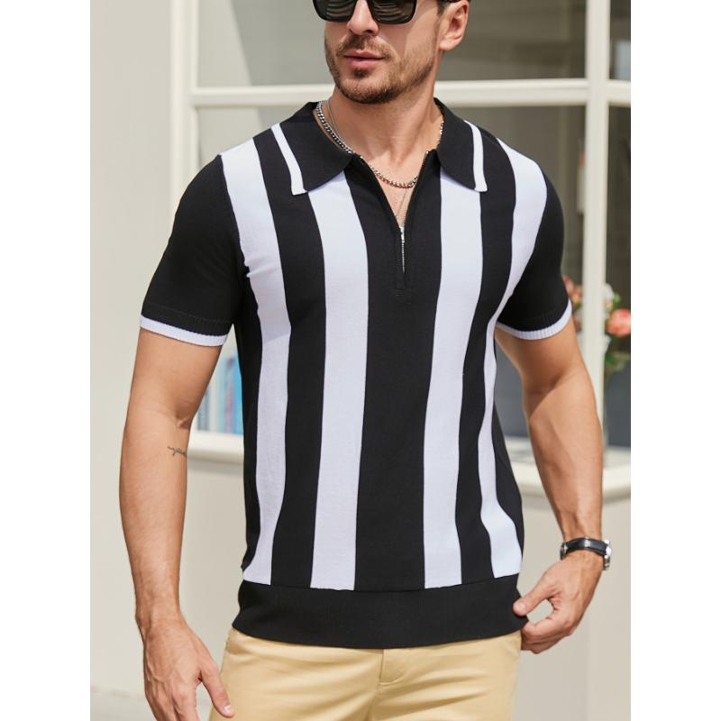 Men'S Black and White Striped Zipper Polo Shirt - Casual Ribbed