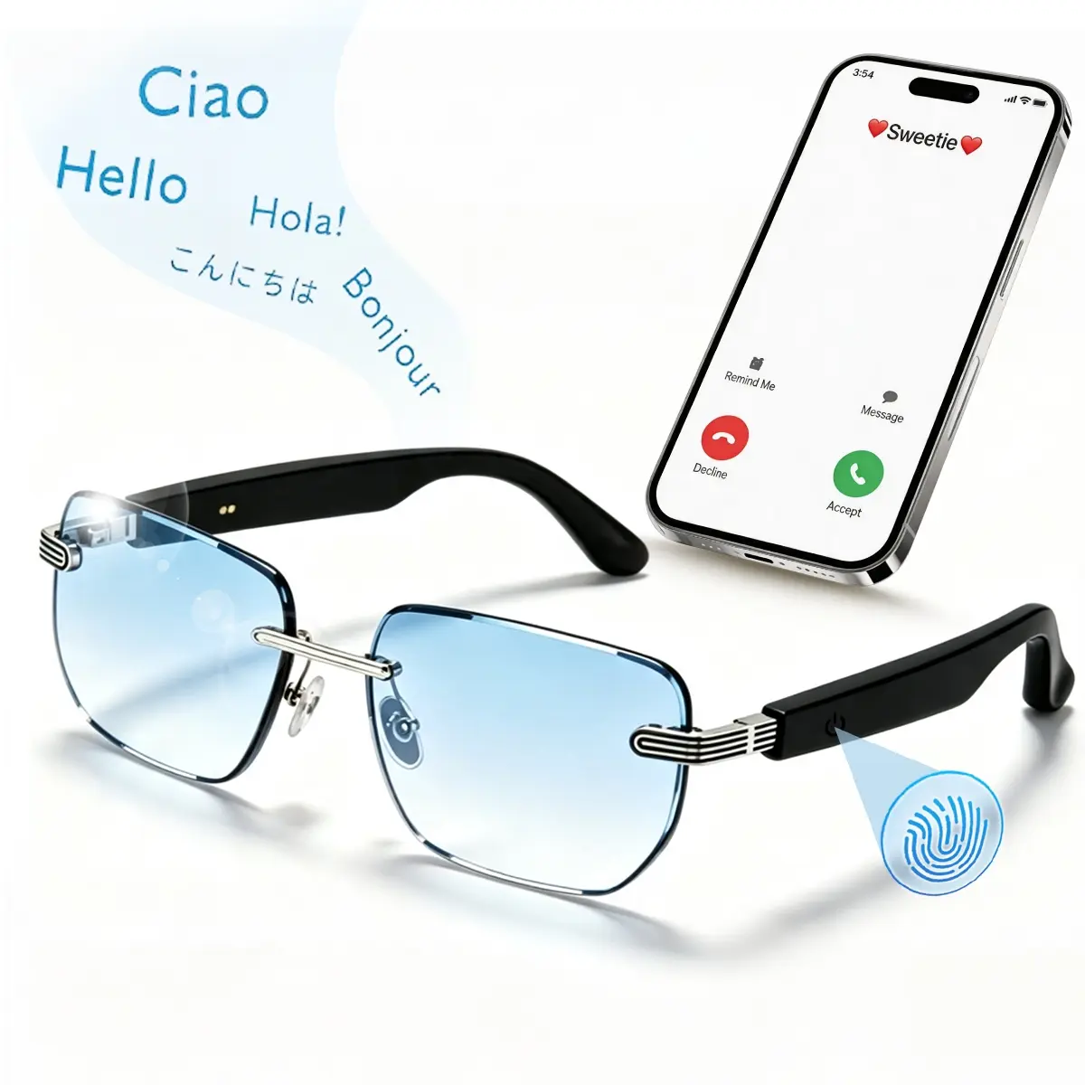 Smart Bluetooth AI Sunglasses with Translation, Open-Ear Audio, Hands-Free Calls, Music Player, Voice Assistant, Touch Control, Remote Camera Shutter, UV Protection, Lightweight Glasses for Outdoor Travel