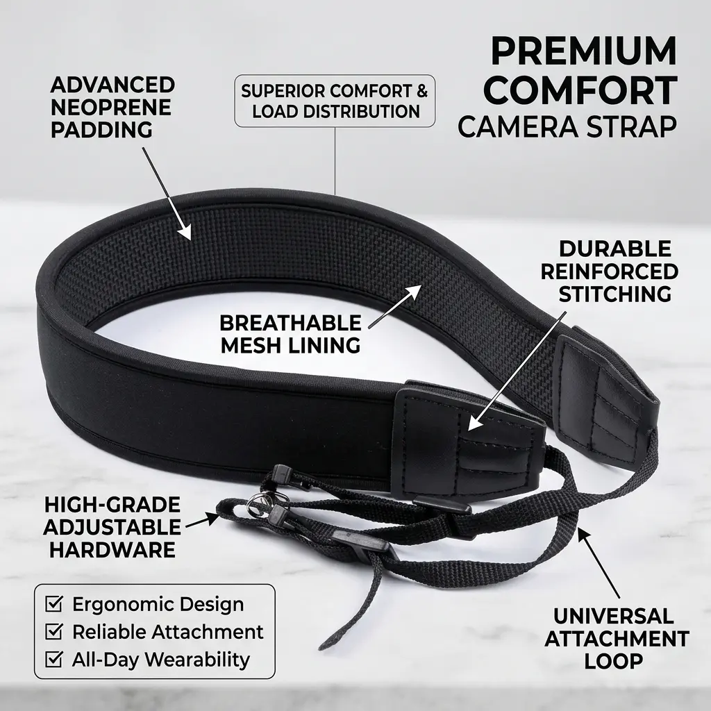 Padded Camera Neck Strap Accessory - Extra-Wide Shock-Absorbing Design for Comfortable Carrying of DSLR & Mirrorless Cameras, Accessories