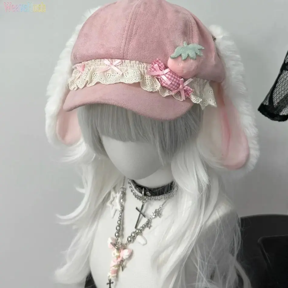 Kawaii Pink Long Plush Bunny Ear Octagonal Beret Hat Sweet Strawberry Lace Lolita Cap Y2K Harajuku Subculture Cosplay Hat