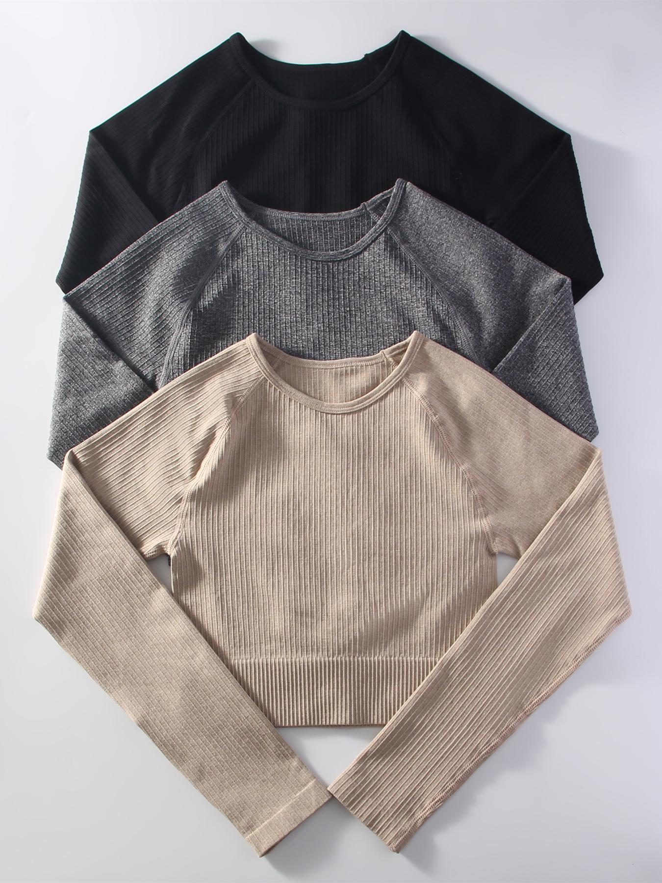 Plain Raglan Sleeve Crop Sports Tee, Casual Round Neck Long Sleeve T-Shirt for Gym Running Training, Women Sport & Outdoor Clothing for Fall & Winter