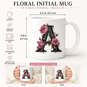 Personalized Floral Initial Mug 11oz, Monogram Letter A-Z Ceramic Coffee Cup with Pink Rose Design, Custom Alphabet Mug for Women Mom Sister, Double Sided Print, Dishwasher & Microwave Safe Gift for Birthday Mother’s Day