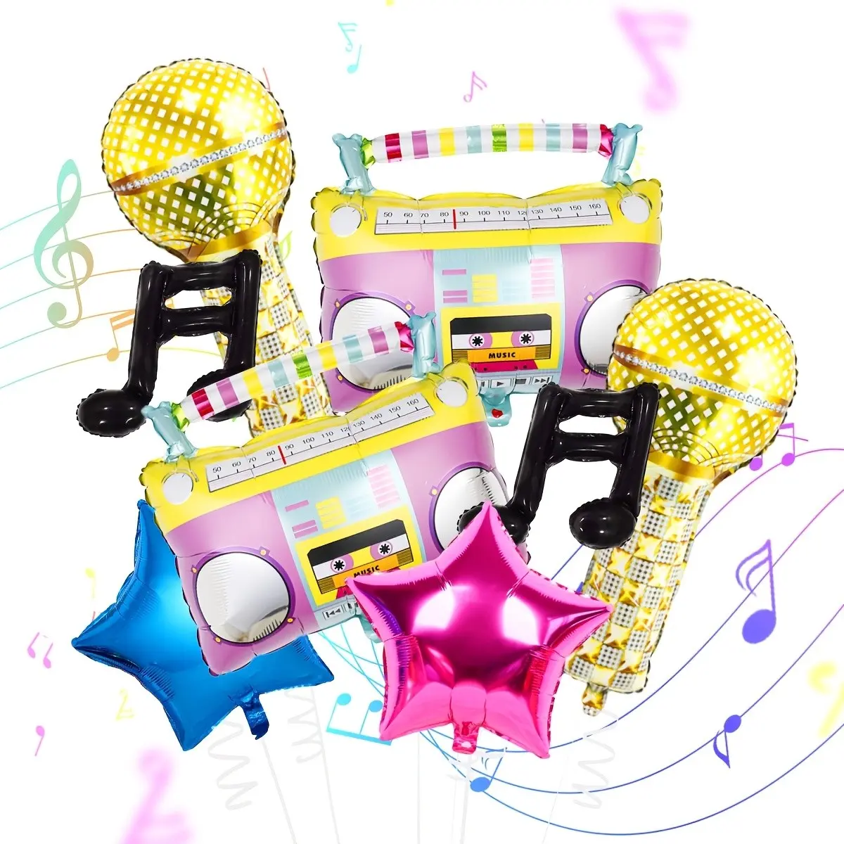 8pcs Disco Music Foil Balloons Set, Retro Boombox Microphone, 80s 90s Hip Hop Karaoke Party Decorations, Birthday, Retro Theme, Disco Dance Party Supplies