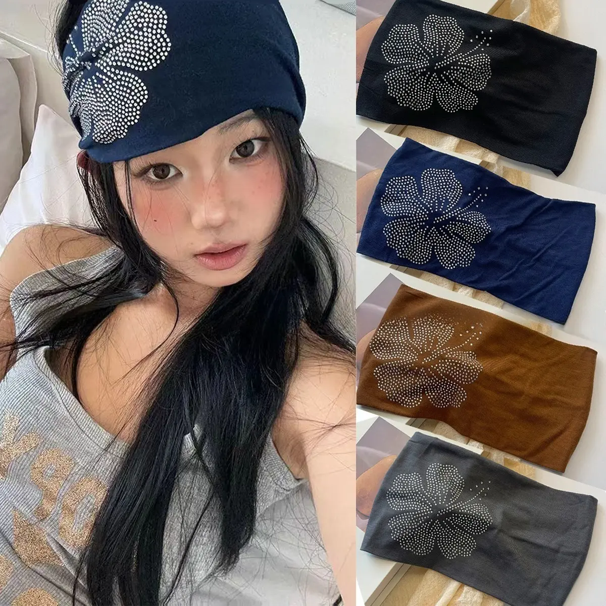 Women's 4Pcs Wide Rhinestone Headbands - Stretchy Elastic Embellished Versatile Headwraps, DIY Bag Accessories for Photo Shoots (Sports & Outdoor Hat Accessories)