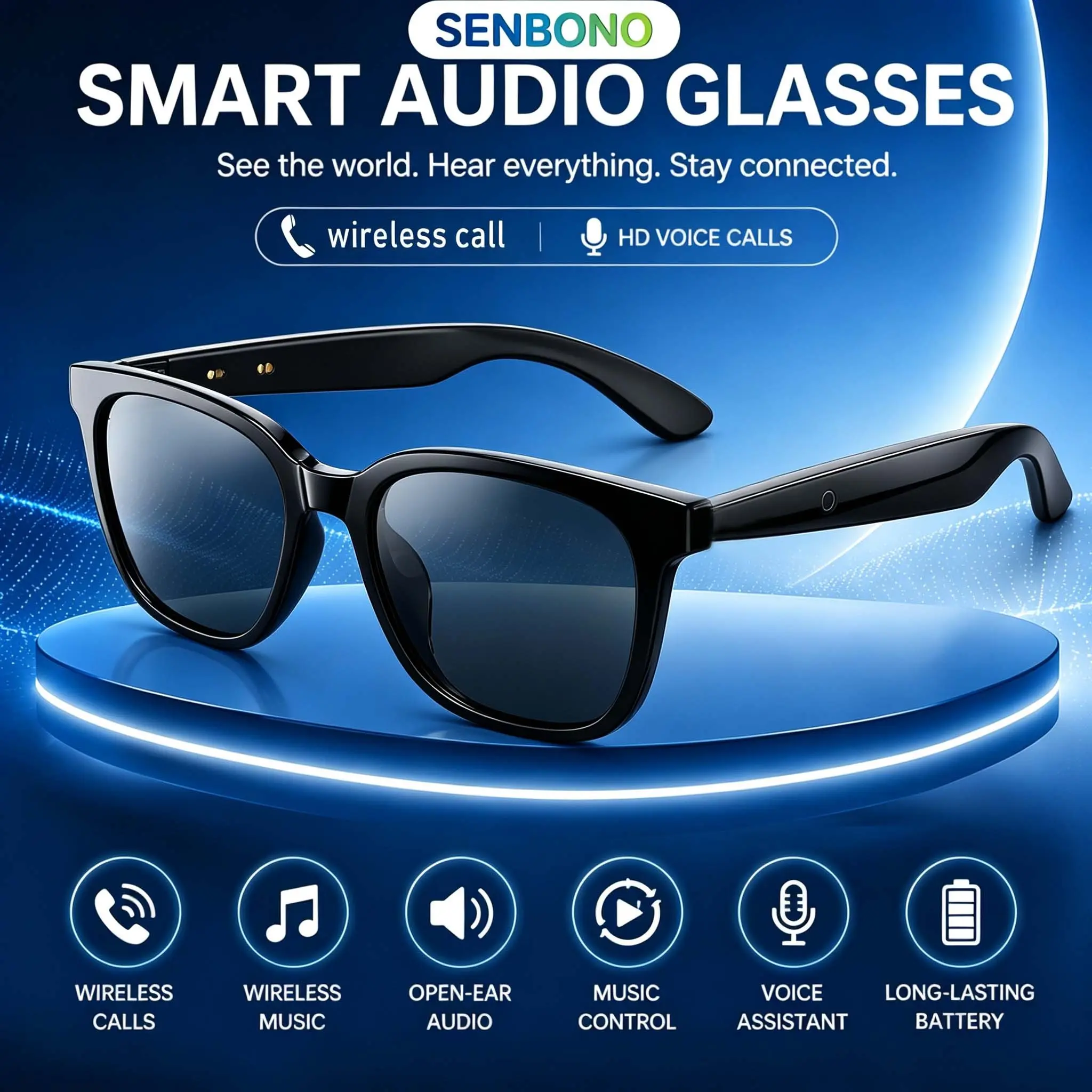 SENBONO Smart glasses support wireless automatic power on. Wireless 5.4, AI translation, AI Q&A. AI smart glasses, wireless calling, listening to music, neutral, outdoor sunglasses, stylish design, ideal gift.