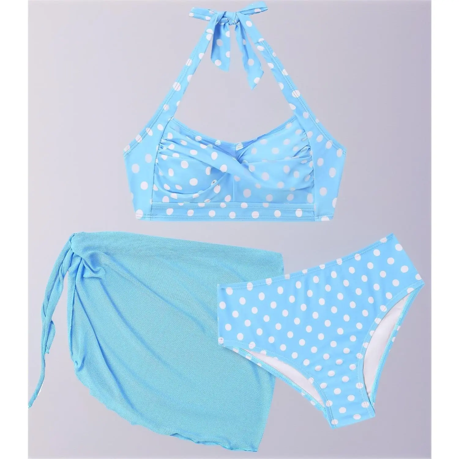 Size 10-17Y Teen Girl's 3 Piece Swimsuits Polka Dot Halter Neck Bikini Set Bathing Suit with Mesh Coverups Skirt