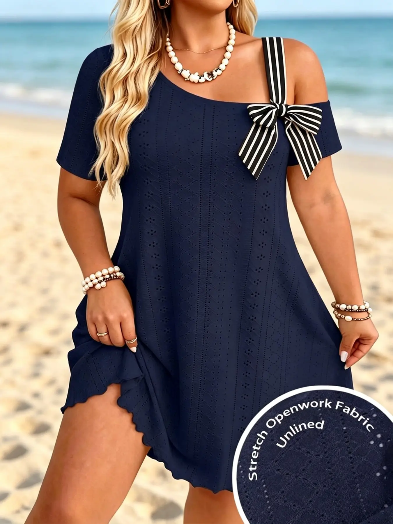 Plus Size Asymmetrical Hollow Out Dress, French Casual Style, Chic, Striped Halter Tie Bow, Breathable Elastic Wavy Hem Short Skirt, Beach Daily Wear