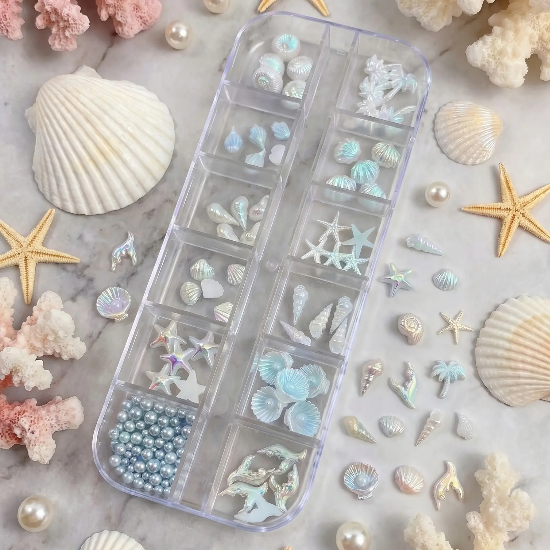 12-Piece Ocean Theme Nail Art Set, Rainbow Shell Starfish Conch Pearl Flat Nails, Mermaid Beach 3D Resin Nail Accessories, Summer DIY Nail Decor with Storage Box, Nail Art Supplies, Decorative Nails