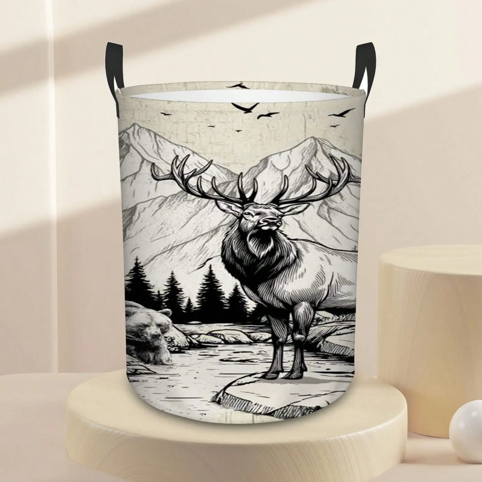1PC PE Plastic Wilderness Storage Basket with Animal Print (Elk, Bear) & Nature Scene - Father's Day Home Organizer