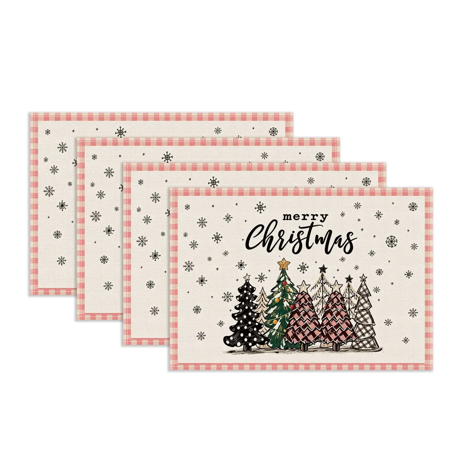 4/5/6/7Pcs Christmas Table Runner & Placemats Set, Pink Gingham Border Merry Christmas Multi-Style Tree & Snowflake Print Heat-Resistant Table Mats, Indoor & Outdoor Festive Tablescape Decor for Family Gatherings & Christmas Party Table Decor
