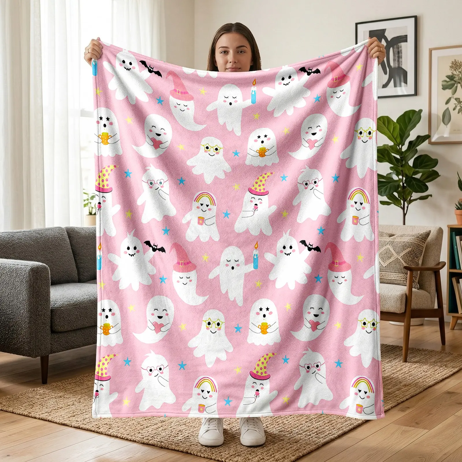 Cute Ghost Halloween Flannel Blanket with Multicolored Cartoon Ghosts Stars Bats and Rainbows, Soft Warm Cozy Nap Blanket for Sofa Bed Office Camping, Perfect Christmas Gift