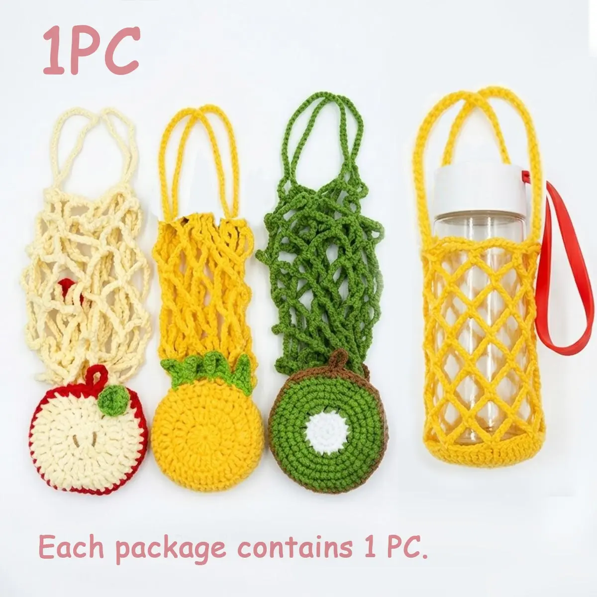 2 in 1 Handmade Cup Holder Bag, Crochet Fruit Bag Charms, Portable Woven Coffee Cup Mesh Bag, Foldable Water Bottle Storage Holder, Tumbler Carrier, Tumbler Accessories