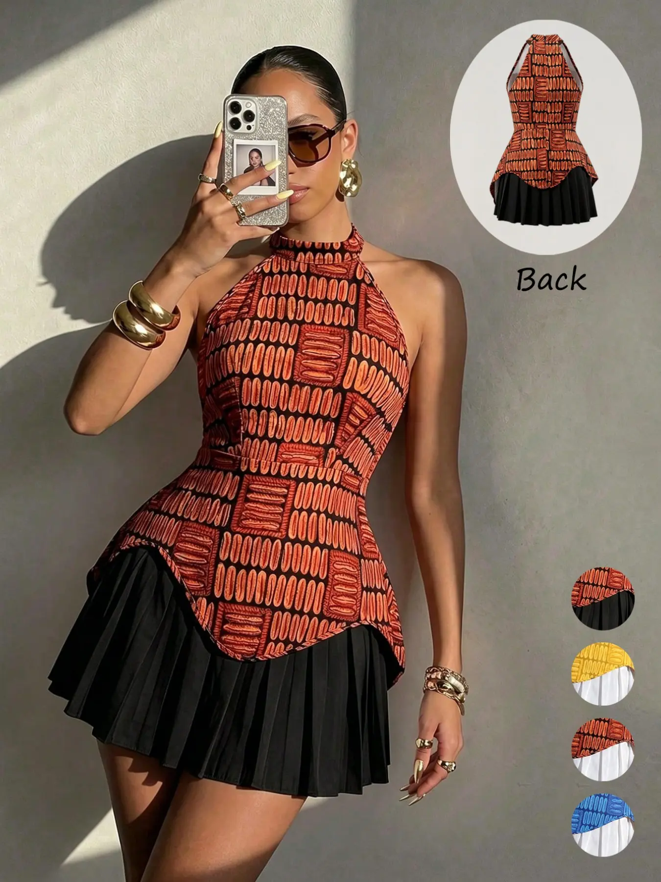 Two-Piece American Style Crop Top Skirt Matching Set, Summer Sets Casual, Geometric Pattern, Sleeveless Halter Neck, Fitted Asymmetrical Hem, Perfect for Skirt