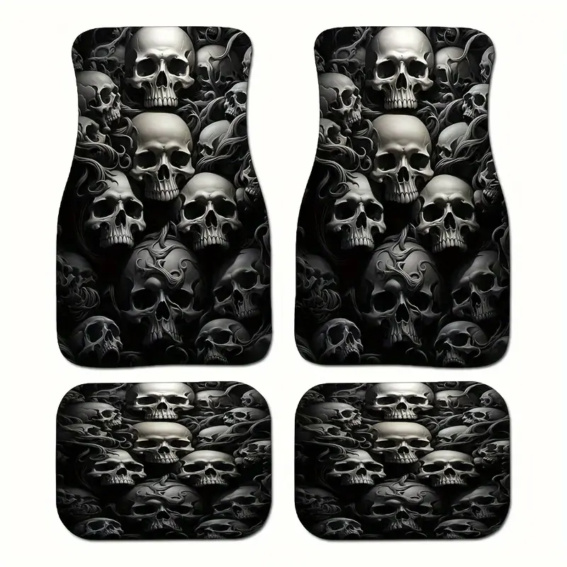 Universal Polyester Skull Decal Protector Floor Mats - 4-Piece Front & Rear Anti-Slip Set, Compatible with Cars, Vans, Trucks, SUVs, Automotive Interior Accessories