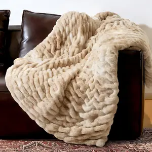Faux Rabbit Fur Throw Blanket, Ultra Soft Plush Cozy Blanket for Couch Bed, Thick Fluffy Ruched Tie-Dye Decorative Blanket, Giftable,50"x60",Tie-Dye Khaki