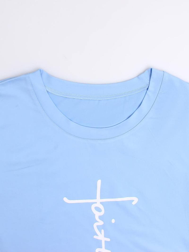 Women's Casual Printed Round Neck Short Sleeve Top & Gradient Print Pants Set, Soft Comfortable Loose Fit for Daily Wear