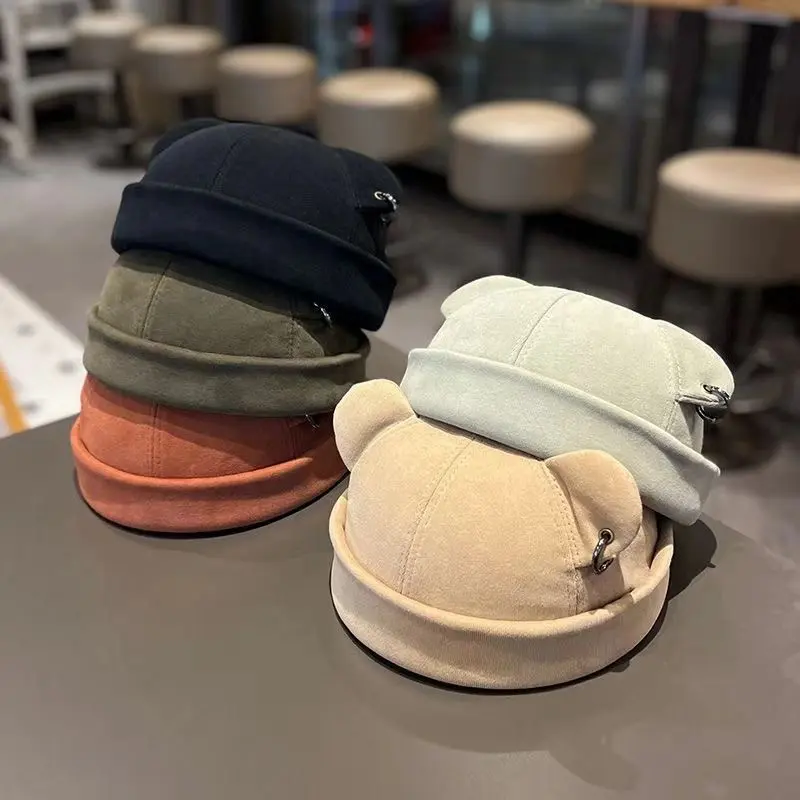 Cute Cat Ear Docker Hat Brimless Sailor Skull Cap for Women Men, Retro Rolled Fisherman Beanie,  No Brim Streetwear Skullcap Casual Daily Fashion Cap