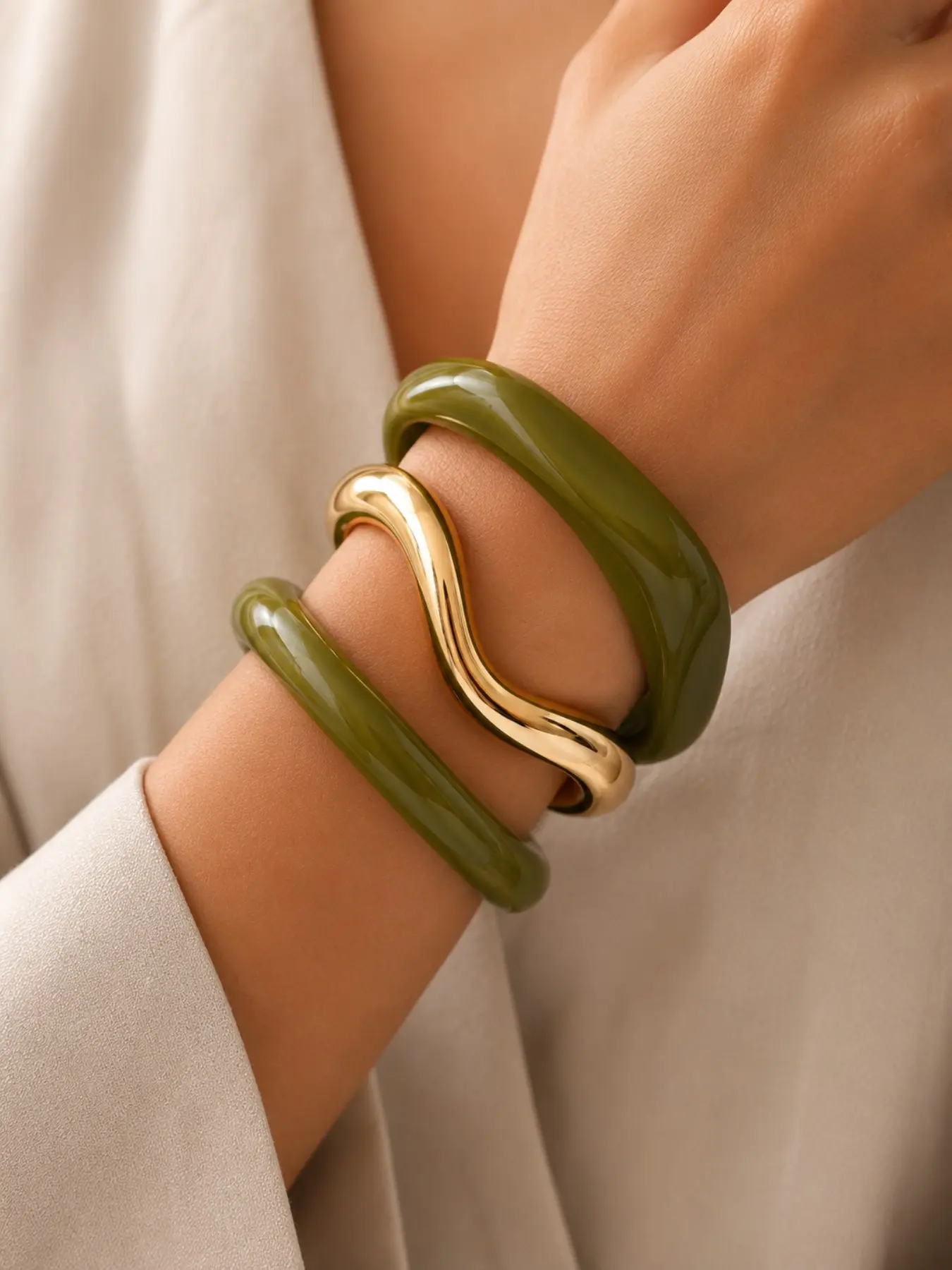 3PCS Chunky Resin Bangle Set for Women, Olive Green and Gold Tone Irregular Geometric Stackable Bracelets, Trendy 2026 Sculptural Jewelry for Back to School Campus Outfits, Birthday Christmas Holiday Gift