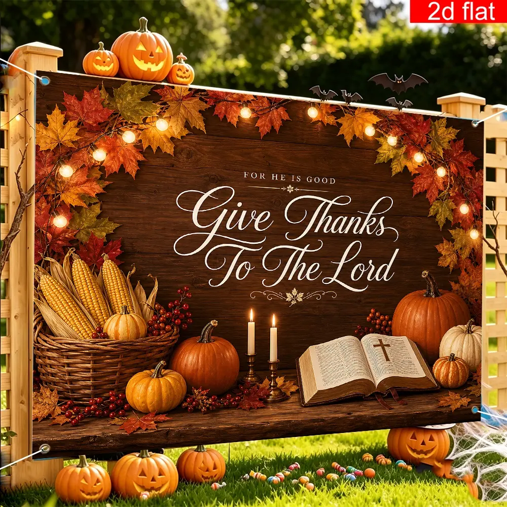 2D flat banner, 1pc, Autumn Thanksgiving themed party banner, polyester, Autumn Thanksgiving Backdrop with Bible Pumpkin Corn Maple Leaf Pattern, Wall Decor for Living Room Bedroom Indoor Thanksgiving Event Decoration