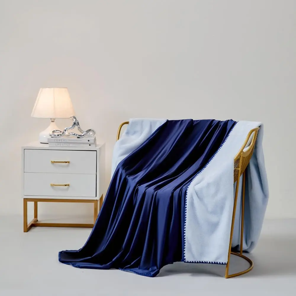Double-Sided Usable,Ice Silk &Faux  Cooling Blanket,Lightweight,Soft Throw Blanket,Ideal for Couch and Bed,Suitable for  Seasons, for Women,Men (Navy Blue&Light Blue, 50 * 60)