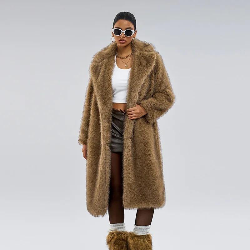 European and American Style Autumn Winter Women's Long Faux Fur Coat with Blazer Collar, Faux Fur Coat, Faux Fur Jacket