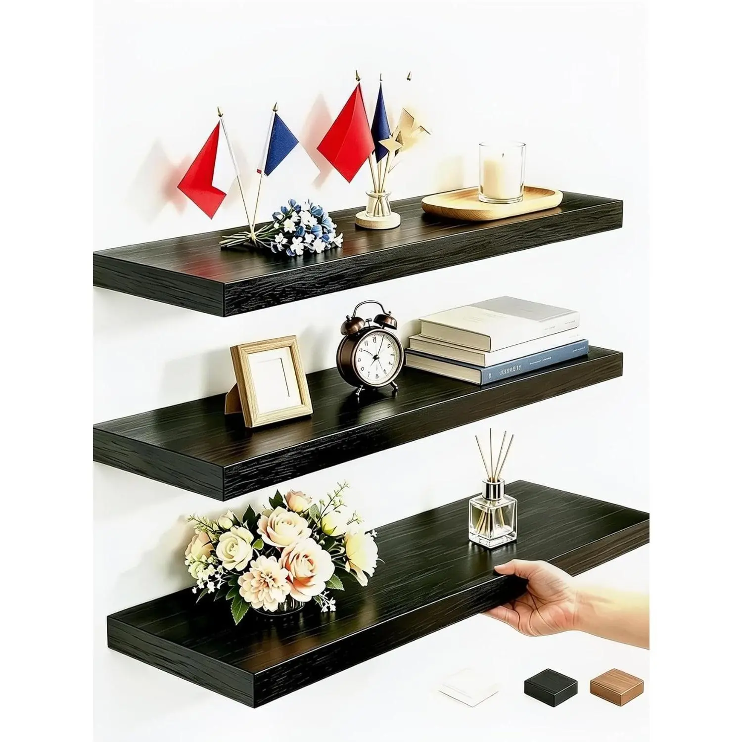 Floating Shelves for Wall, 15" Rustic Wood Deep Wall Mounted Shelves with Invisible Brackets for Decor & Storage, Floating Shelf for Living Room, Bathroom (Black, Set of 3)