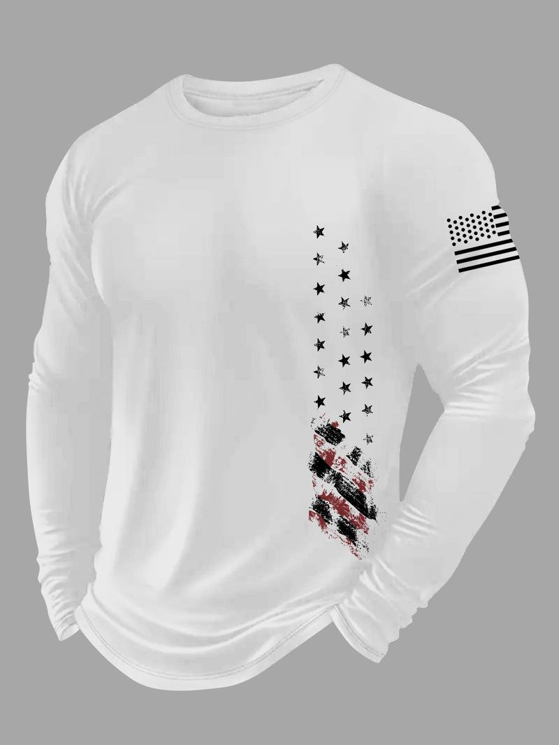 Men's American Flag Print Round Neck Long Sleeve Tee, Regular Fit Casual Crew Neck T-shirt for Fall & Winter, Men's Top for Daily Wear