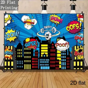 2D flat 1pc blue background pop style superhero background cloth American comic explosion sound effect letters urban high-rise building ray shading printed hanging cloth Superman hero theme birthday party dessert table photo backdrop, polyester material,