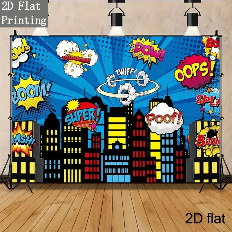 2D flat 1pc blue background pop style superhero American comic explosion sound effect letters urban high-rise building ray shading printed Superman hero theme birthday party dessert table photo backdrop, Photoshoot Backdrops, polyester material