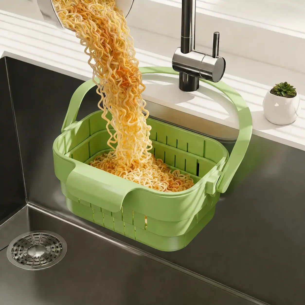 AA Foldable Hanging Kitchen Sink Drain Basket, Stainless Steel Kitchen Accessories - Hands-Free Hygienic Design, High-Efficiency Anti-Clog System, Tool-Free Installation, Slim Space-Saving, Easy-Clean, Low-Maintenance Strainer Kitchenware, Busy Households