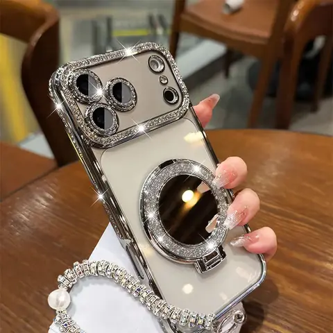 Mirror & Stand Smartphone Casing for iPhone 12/13/14/15/16/17 Pro Max, 17 Air, 14 Plus, 15/16 Plus - Shockproof Handheld Devices Cover, Shiny Frame, Transparent HD Material, Full Body Drop-Resistant Mobile Accessory Protector