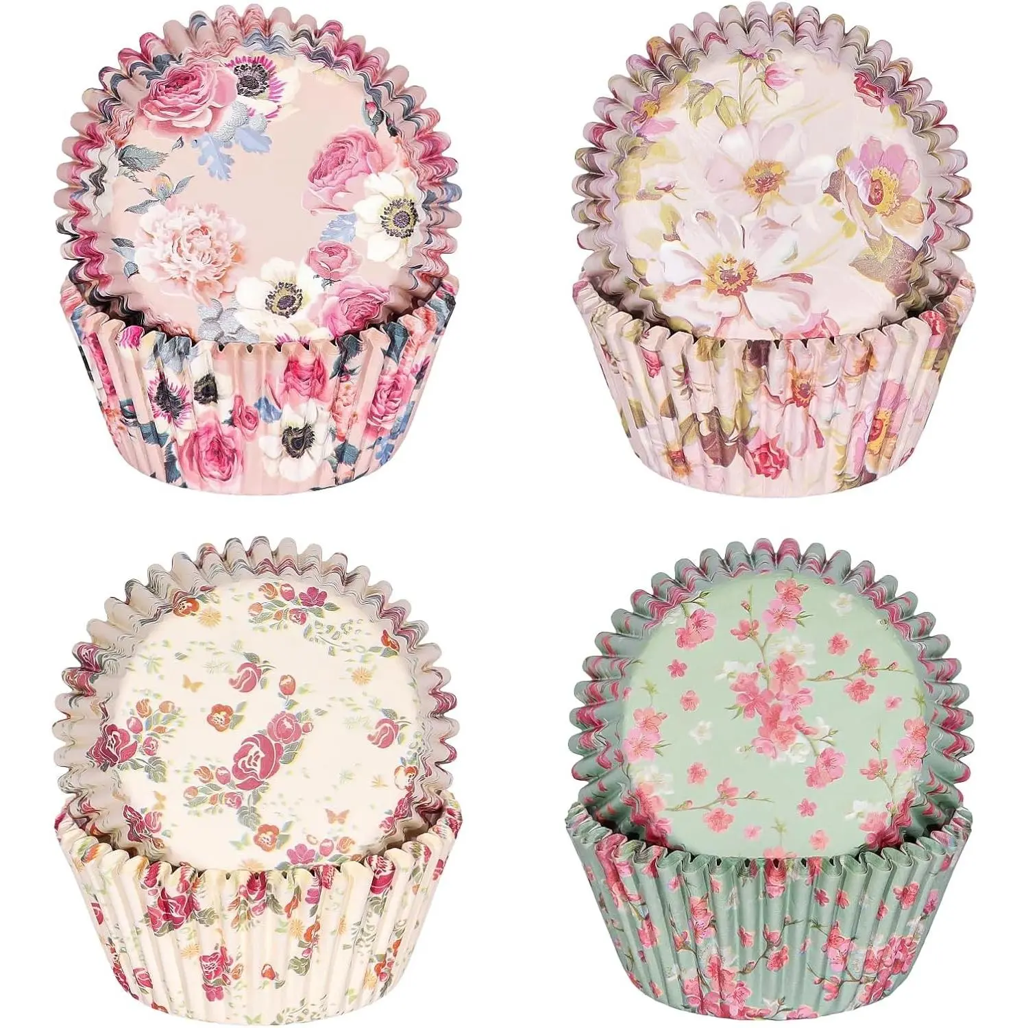100-Pack Food-Grade Disposable Flower Cupcake Liners, Colorful Paper Baking Wrappers for Birthday Tea Party Decor (Floral-4), Flowers