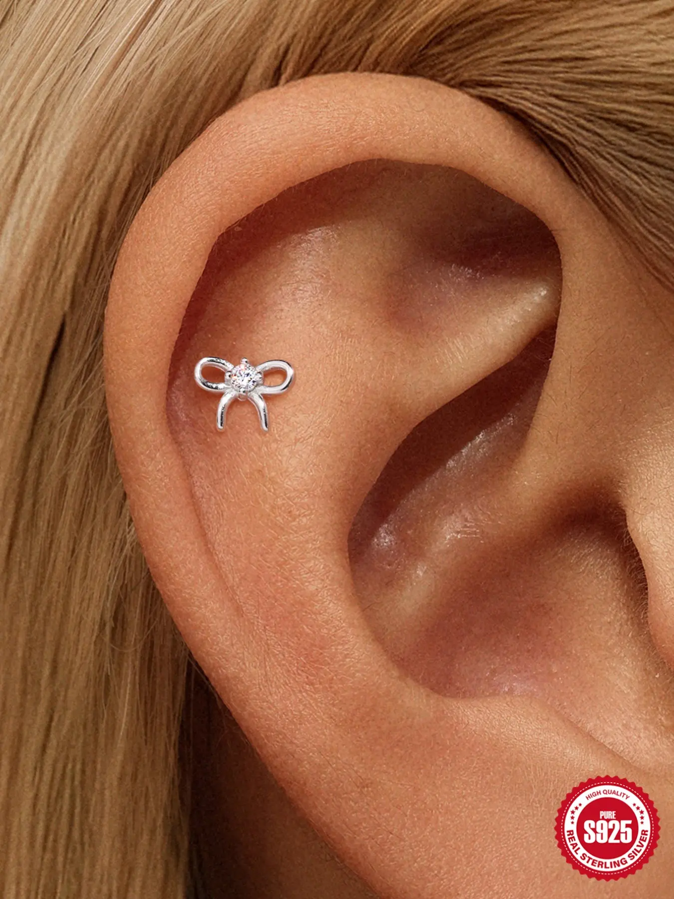 1Pc Waterproof S925 Silver Platinum Bow Stud Earring, Non-Tarnish Hypoallergenic Y2K Bling Rhinestone Accessories, Tarnish Free Moissanite Coquette Ribbon Cartilage Helix Piercing Bridal Wedding Party Gift
