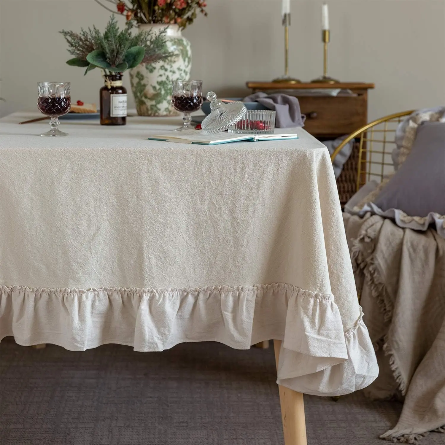 Retro  Ruffle Tablecloth  Flounces Trim Washable Table Cover Tablecloths for Rectangle Table  Shower Kitchen Party Wedding Decor 60''x102''