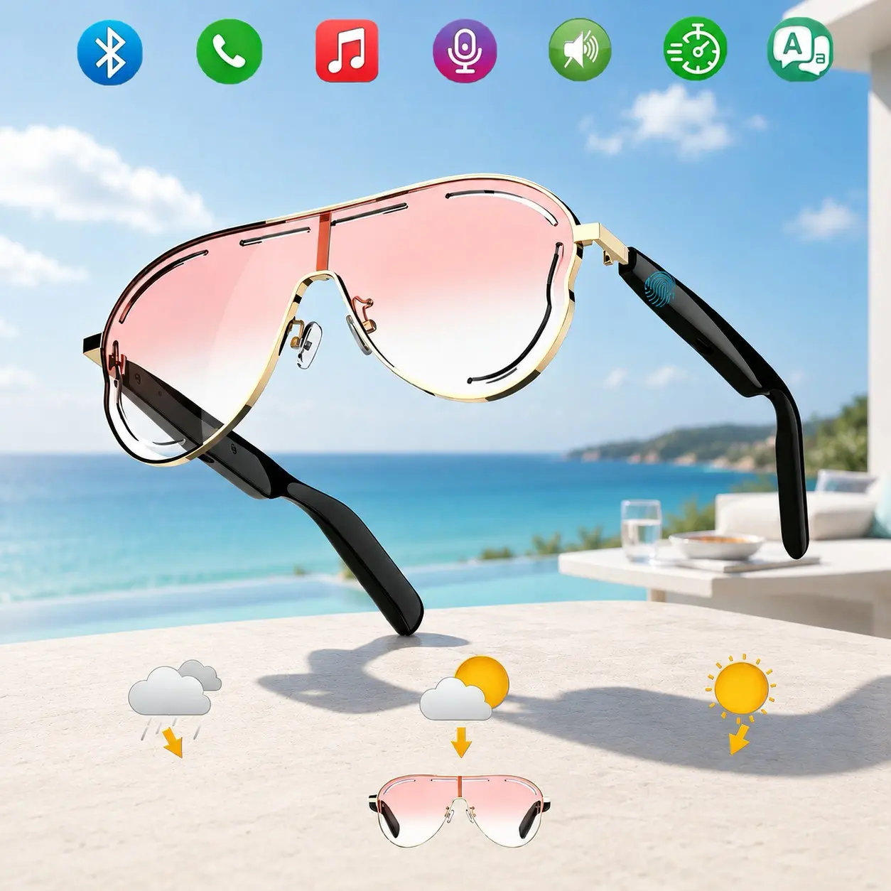 AI Bluetooth smart glasses, supporting multiple language APP translation, UV protection, wireless, in ear automatic detection switch, leopard print sunglasses, sweat proof, sun protection, sunglasses, suitable for travel, navigation, cycling, decoration