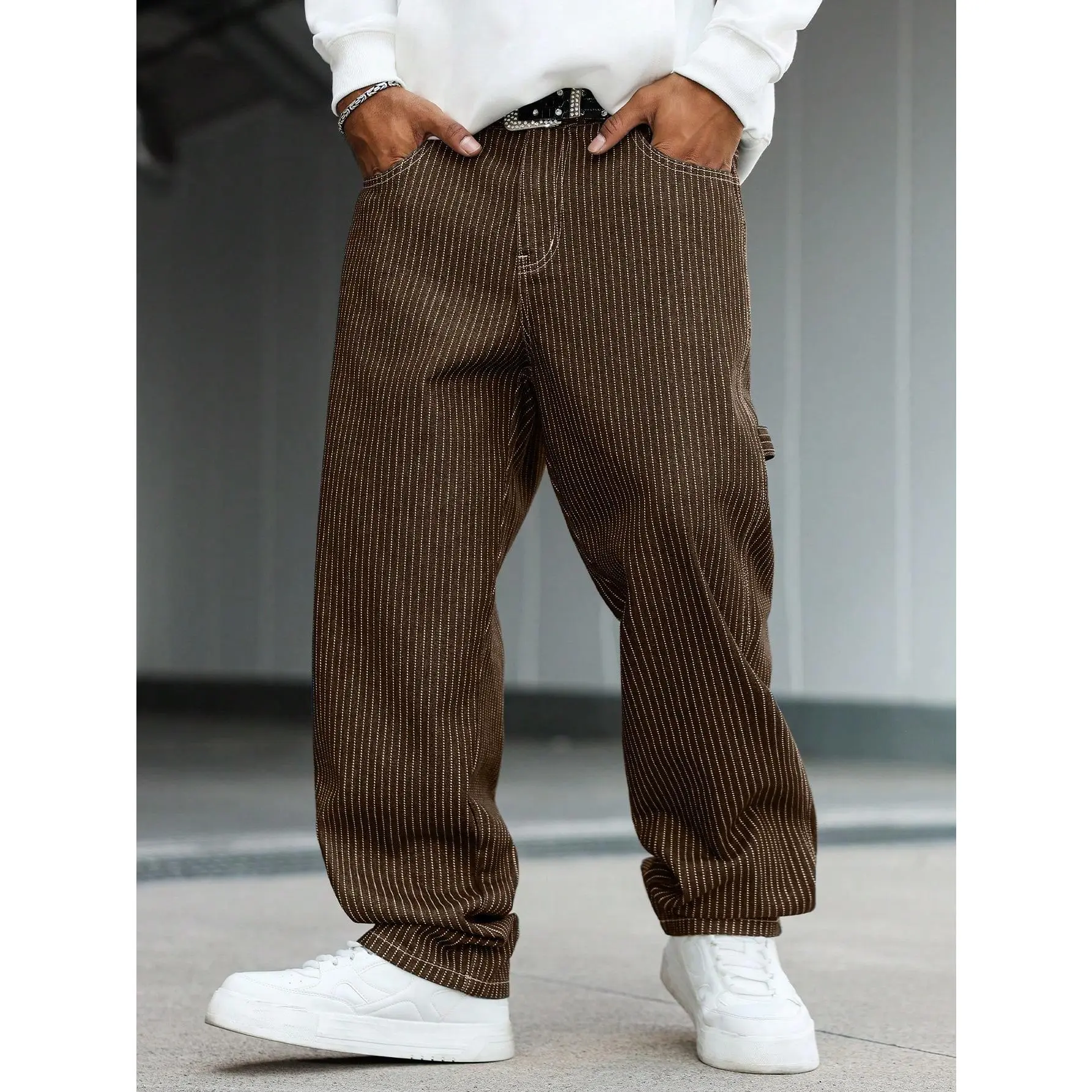 Vintage Brown Pinstripe Men’s Wide Leg Jeans – Y2K Inspired Baggy Streetwear Denim Pants, Loose Fit Skater Hip Hop Trousers with Comfortable Breathable Fabric for Everyday Urban Outfit