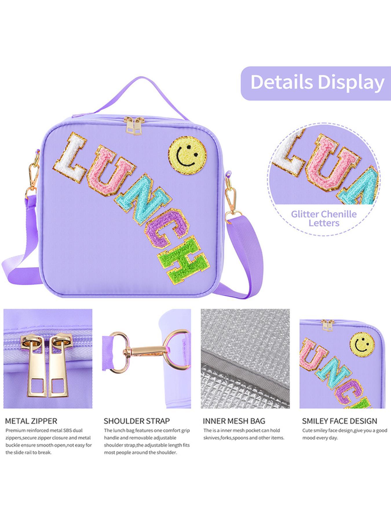 Letter Decor Lunch Bag, Cute Insulated Lunch Bag with Adjustable Shoulder Strap, Nylon Lunch Bag for School Travel Picnic