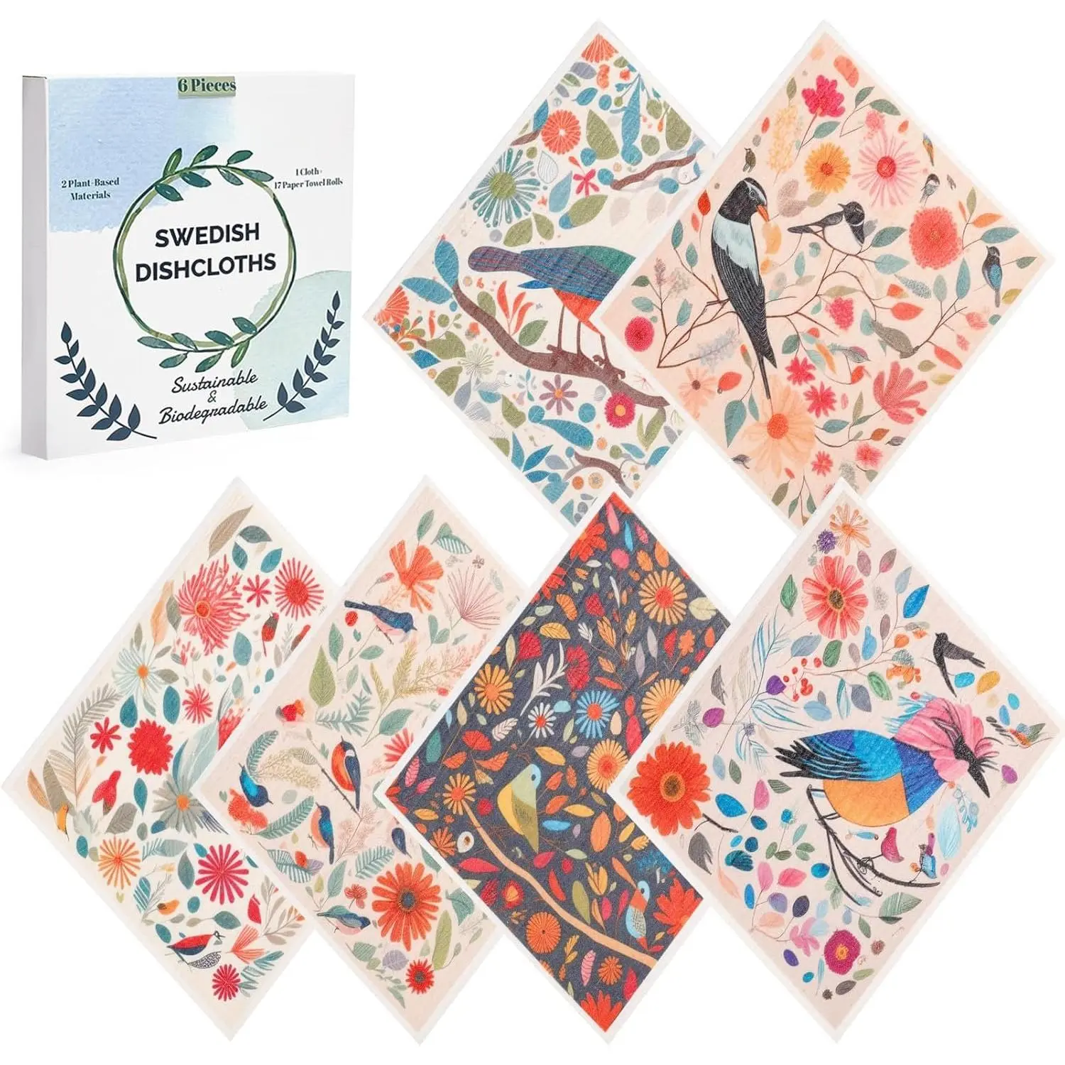 Swedish Dishcloths for Kitchen  6 Pack Kitchen Towels No Odor Quick-Drying  Paper Towels  Paper Towels Washable for Countertop Sink Kitchen Flower Bird
