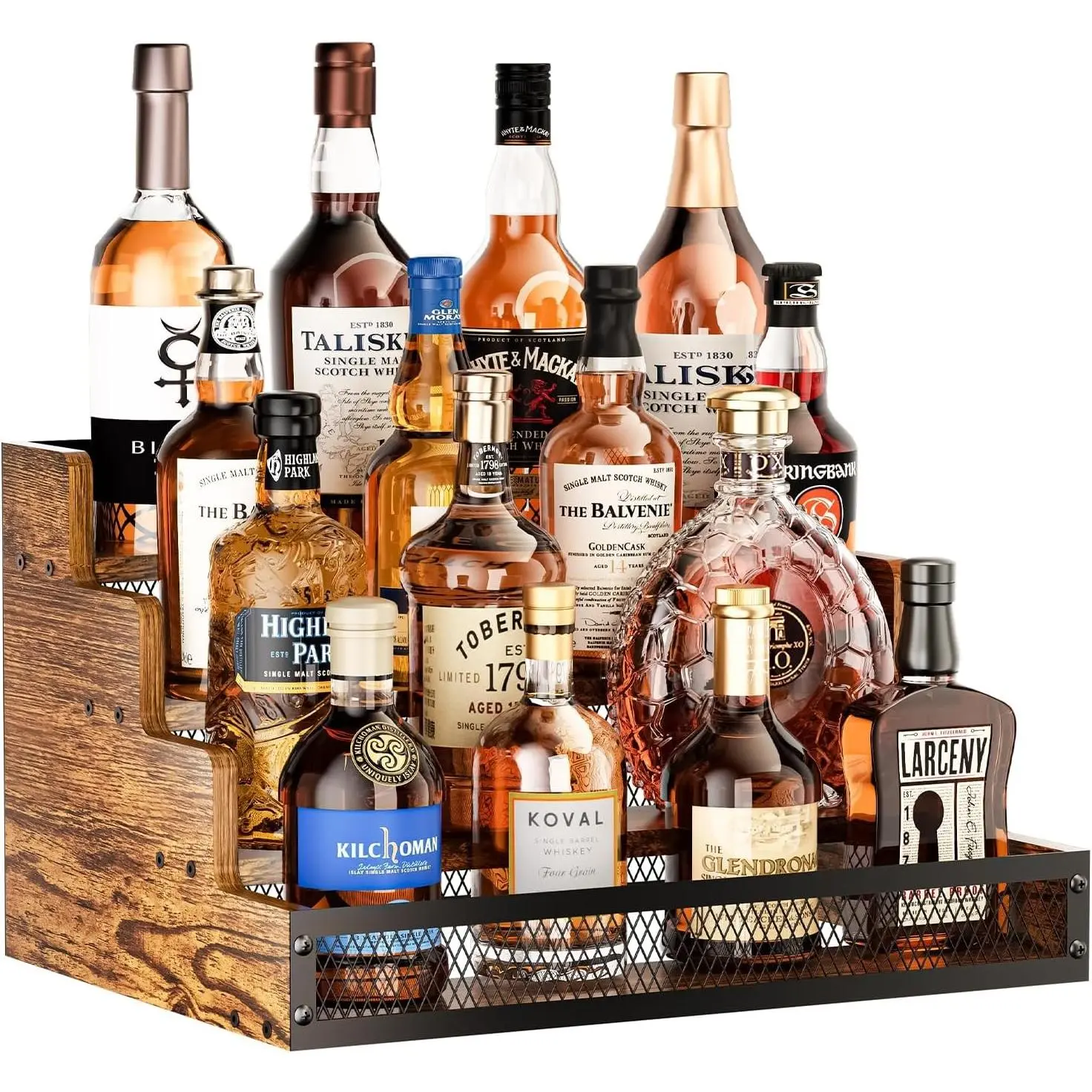 4 Step Countertop Liquor Bottle Display Shelf, Wood Bar Shelves 16 Bottles with Fences, Freestanding Storage Shelves for Liquor Whiskey Wine Coffee Syrup Display, Retro Wine Rack Home
