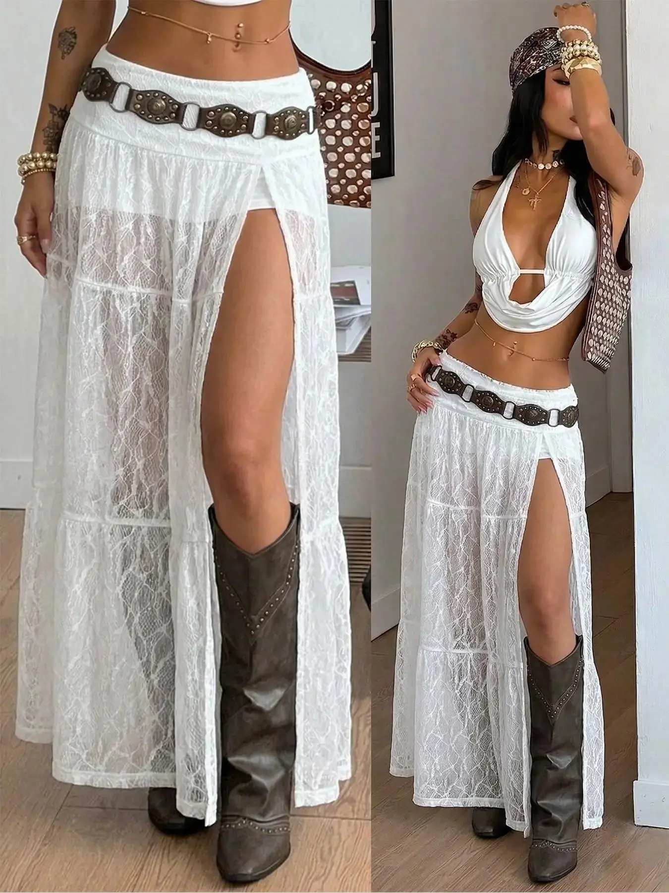 Women's Lace Split Thigh Maxi Skirt Bottom, Boho Fashion Skirt, Vintage Textured Fabric, Slim-Fitting High Waist, Casual & Party Wear, All Seasons