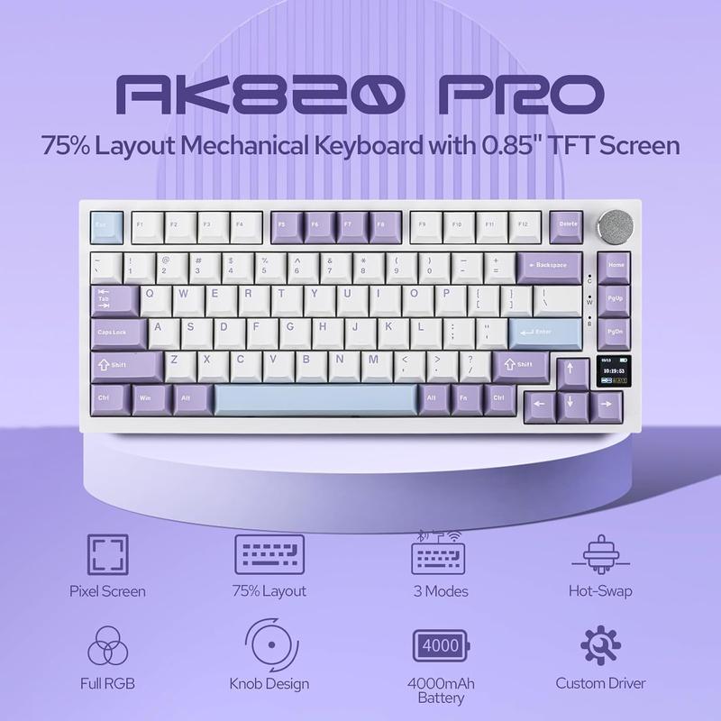 Ajazz AK820 Pro 75%  Mechanical Keyboard with TFT  Display&Knob, Gasket-Mounted Gaming Keyboard, /2.4GHz/USB-C Wired (Purple, Flying Fish )