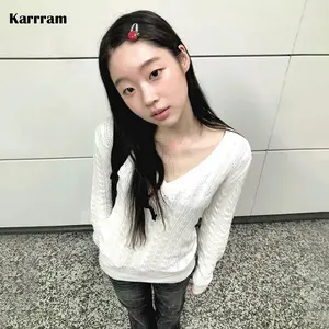 Karrram Japanese V-neck White Sweater Vintage Harajuku Knit Slim Pullover Korean Style Fall Winter Knitwear 2000s Aesthetics