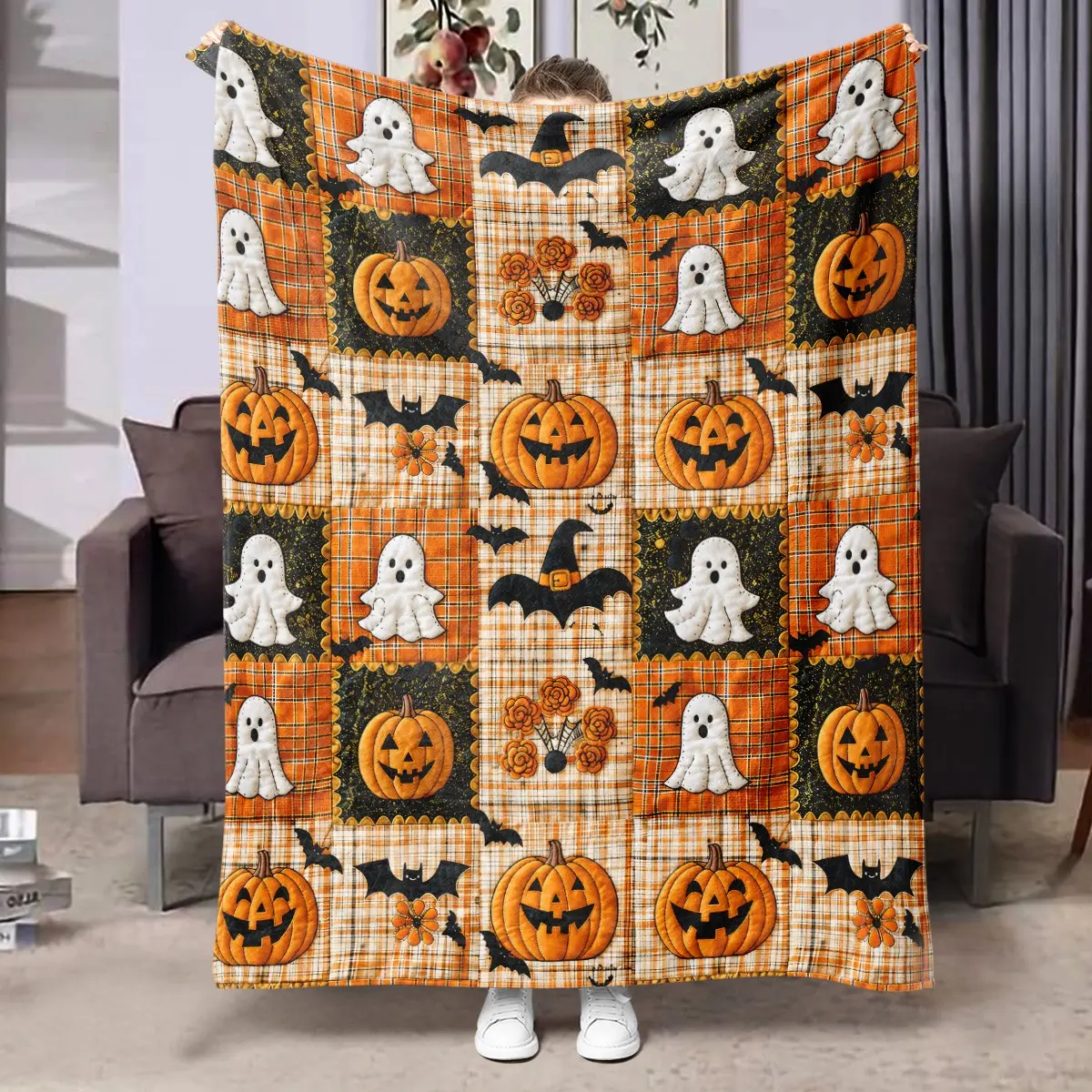 Halloween Pumpkin Ghost Bat Embroidered Flannel Blanket, Soft Skin-Friendly Anti-Pilling Lightweight Cover, All-Season Adult Home Office Nap RV Festival Gift Decor