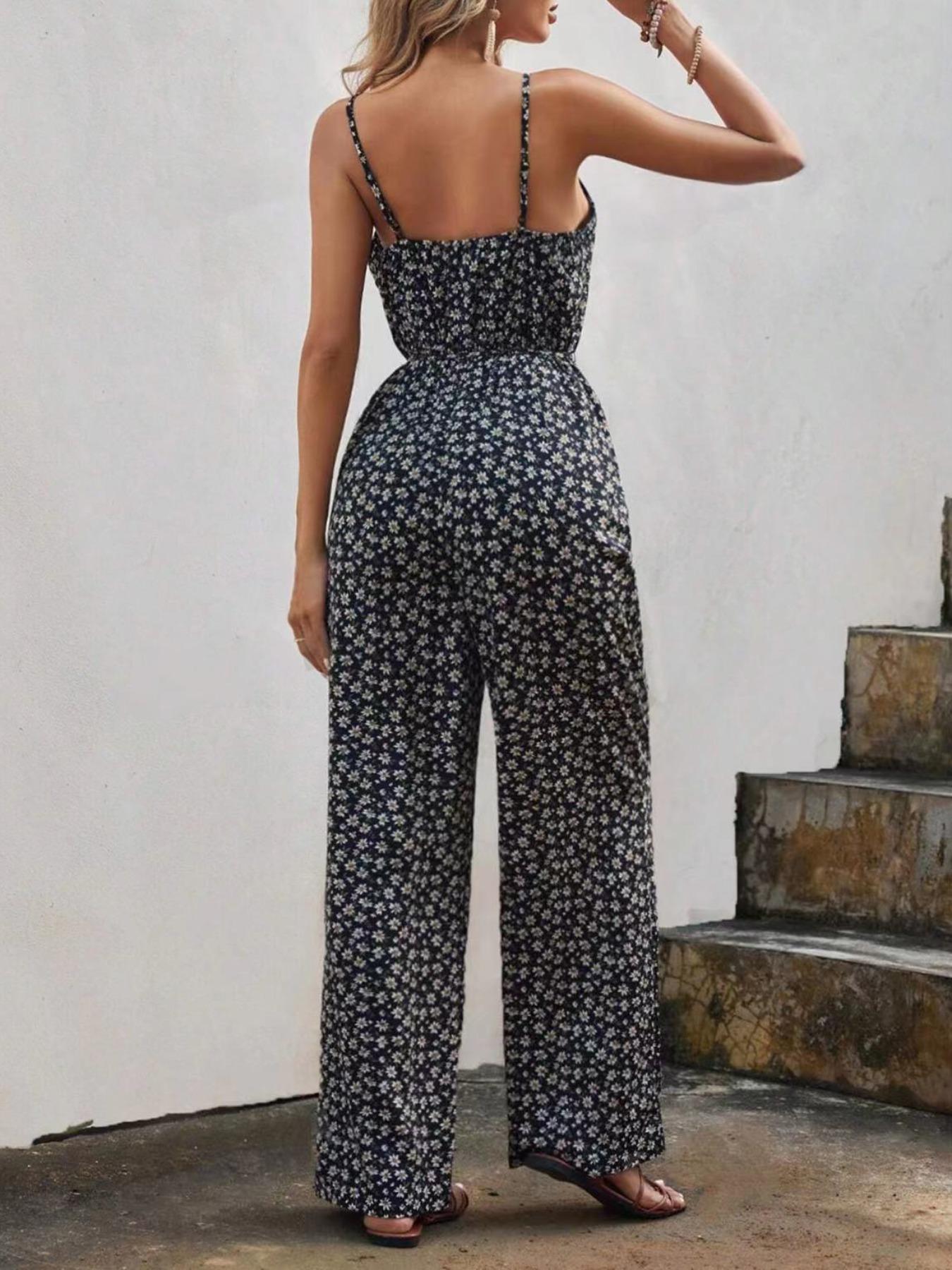 Women's Ditsy Floral Print Backless V Neck Cami Jumpsuit, Boho Fashion Sleeveless High Waist Straight Leg Jumpsuit for Daily Holiday Vacation Wear, Ladies Summer Clothes