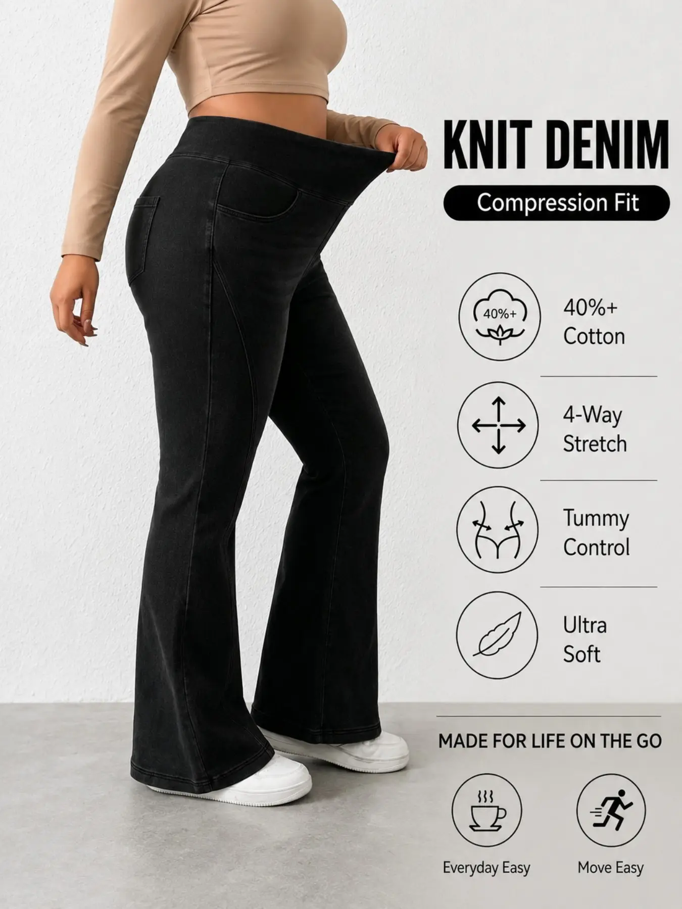 Plus Size Women High Elastic Waist Washed Micro Flare Fit Jeans, High Waisted Denim, Soft Comfort Knit Denim Long Pants, Sporty Casual Jean, Everyday, Bottom